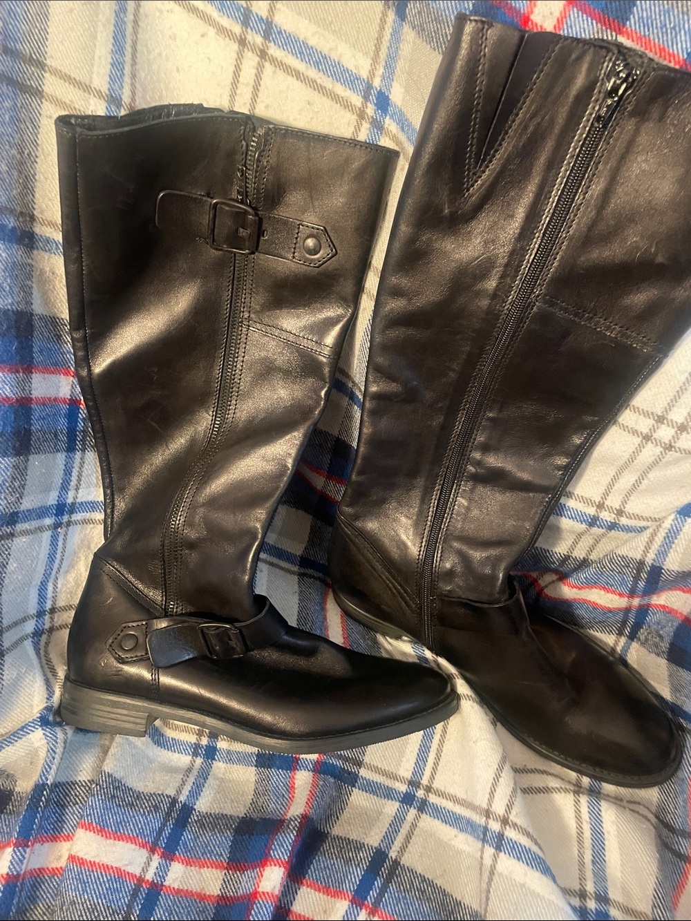 Women's Tall Black Leather Riding Boots extended calf double zip